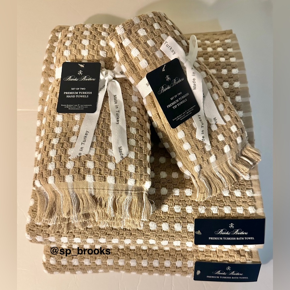🎁6PC Brooks Brothers Premium Turkish Cotton Bath Towel Set -Waffle Tan and White